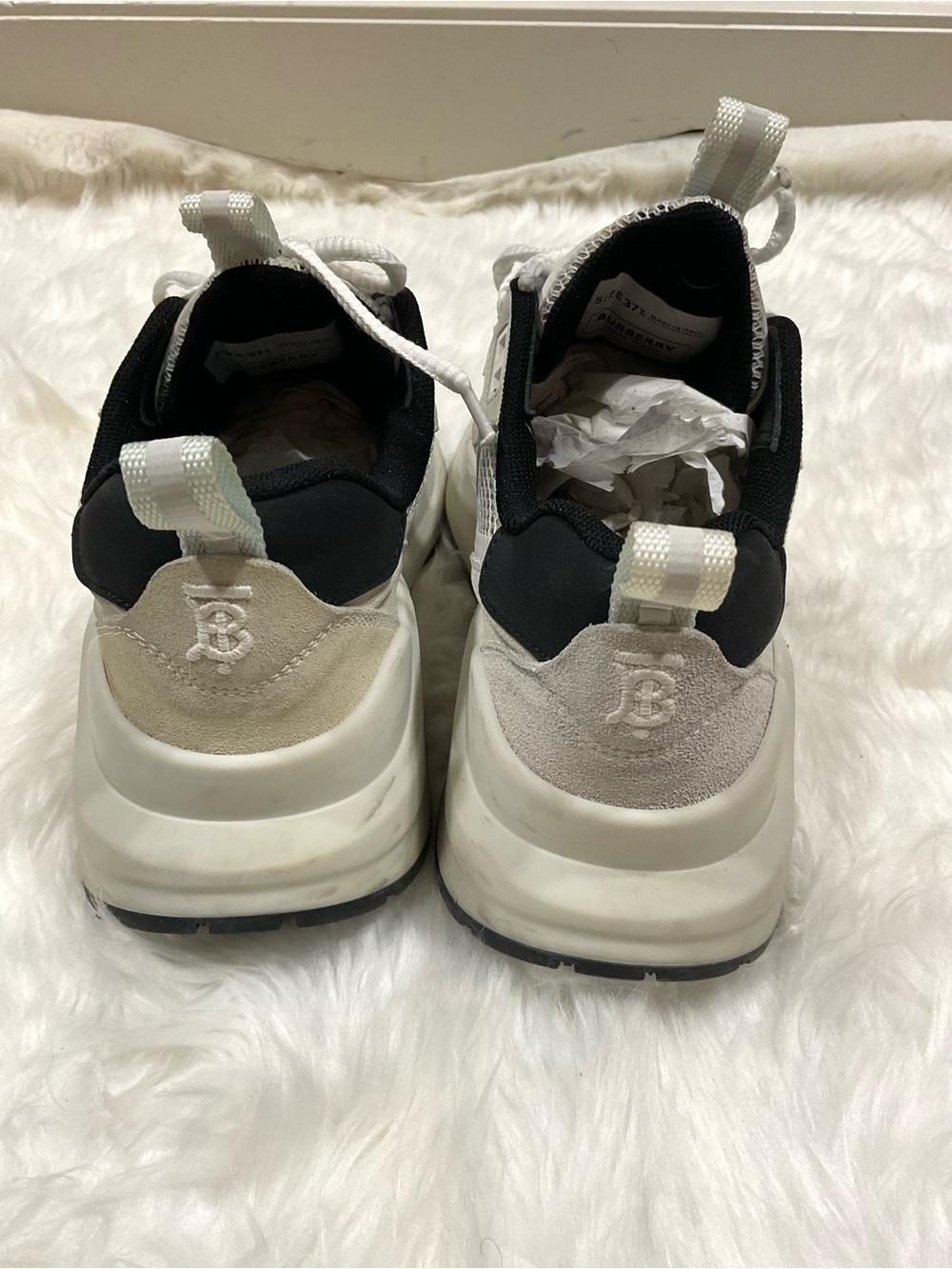 Women’s Burberry Logo Print Leather, Suede and Check Mesh Sneakers - Picture 9 of 13